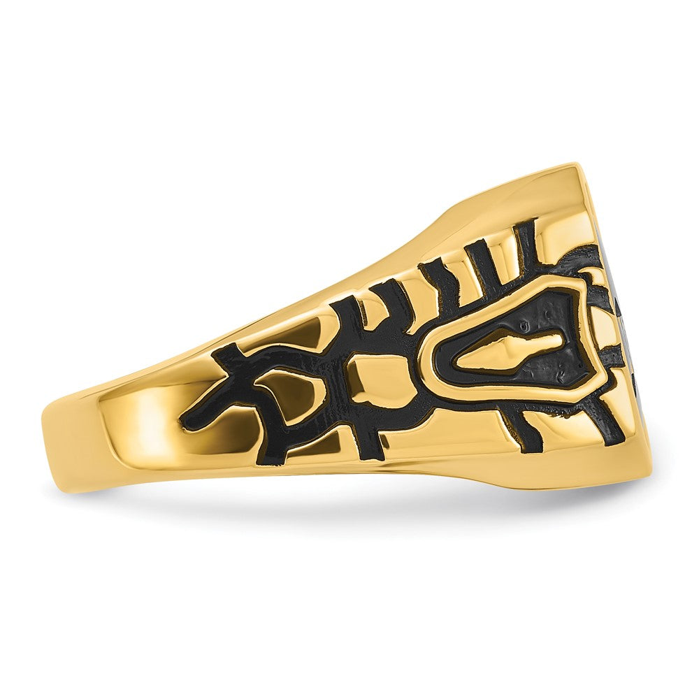 10k Men's Polished, Antiqued and Grooved w/ Imit. Blue Spinel Masonic Ring