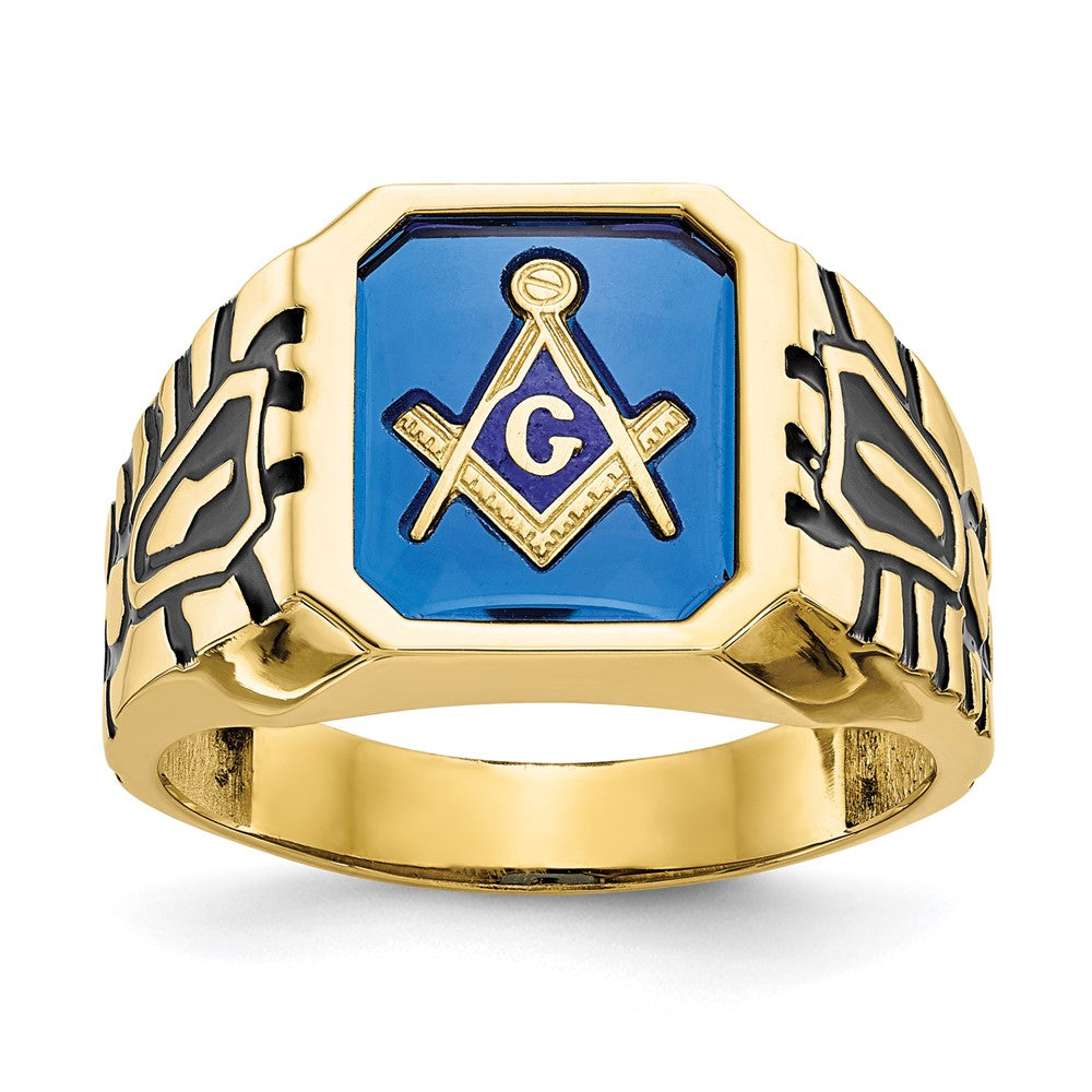 10k Men's Polished, Antiqued and Grooved w/ Imit. Blue Spinel Masonic Ring