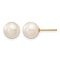 10k 8-9mm White Round Freshwater Cultured Pearl Stud Post Earrings