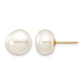 10k 9-10mm White Button Freshwater Cultured Pearl Stud Post Earrings
