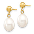 10k 7-8mm White Rice Freshwater Cultured Pearl Dangle Post Earrings