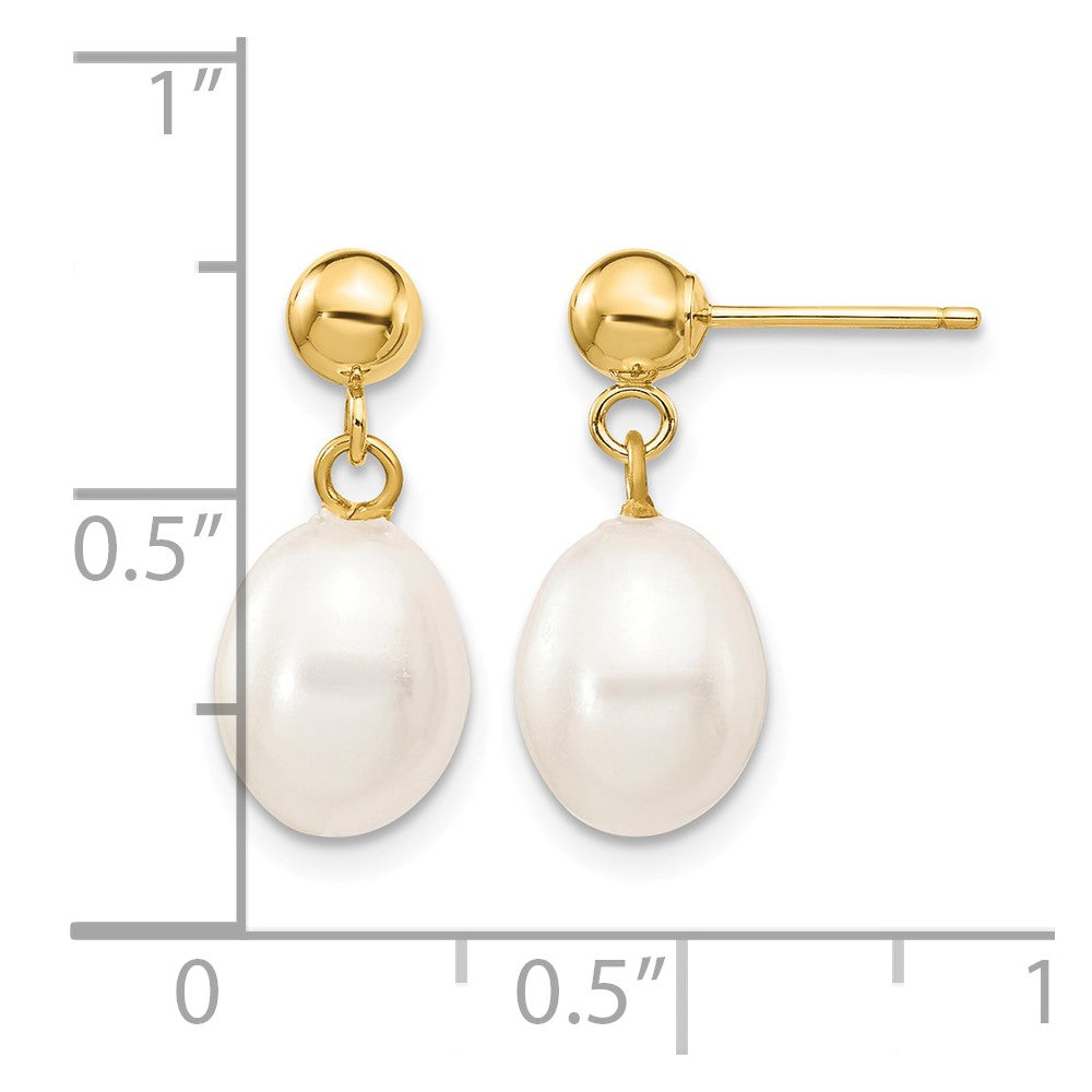 10k 7-8mm White Rice Freshwater Cultured Pearl Dangle Post Earrings