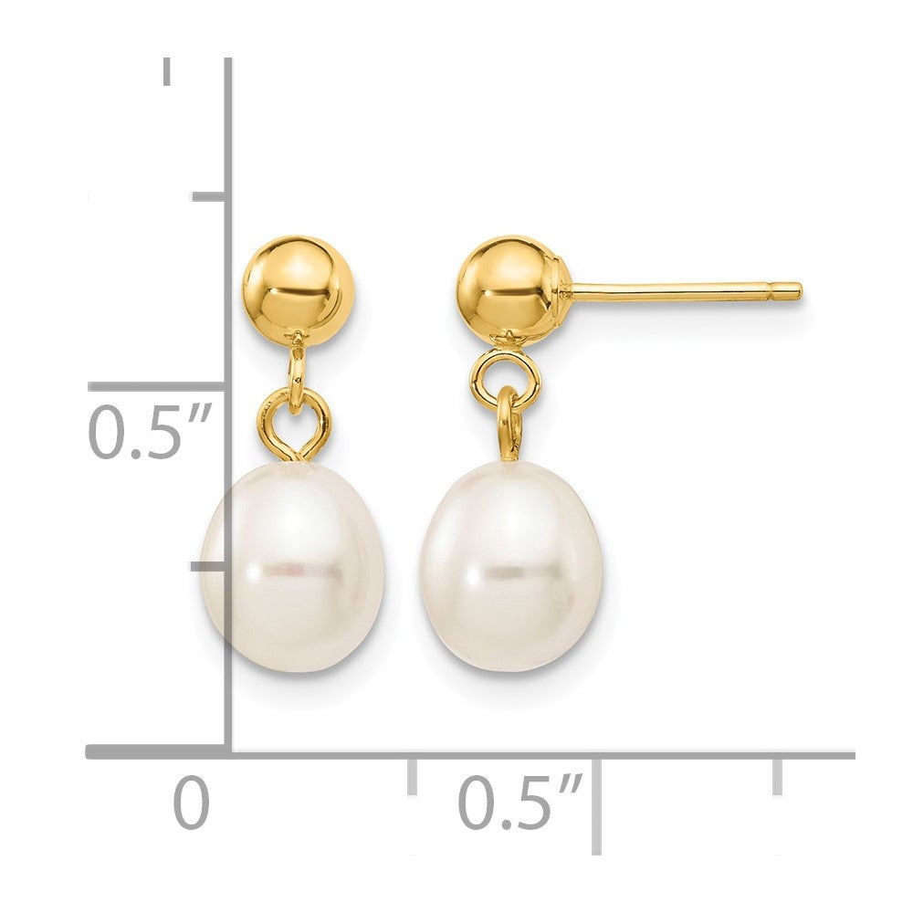 10k 6-7mm White Rice Freshwater Cultured Pearl Dangle Post Earrings