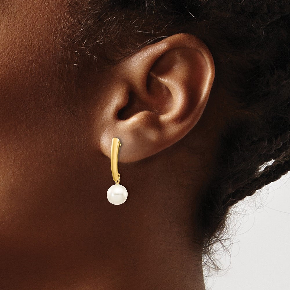 10K 6-7mm White Round Freshwater Cultured Pearl Dangle Post Earrings