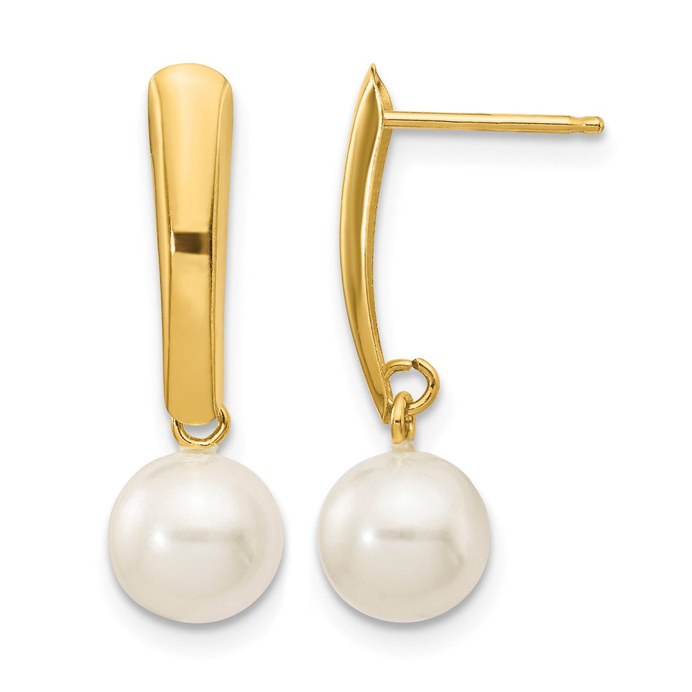 10K 6-7mm White Round Freshwater Cultured Pearl Dangle Post Earrings