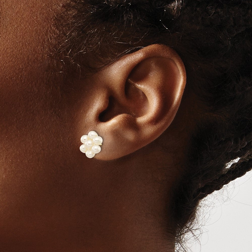 10k 3-4mm White Egg Freshwater Cultured Pearl Flower Earrings