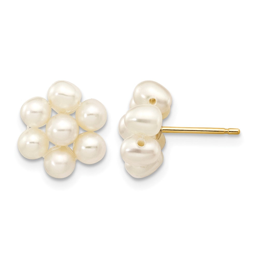 10k 3-4mm White Egg Freshwater Cultured Pearl Flower Earrings