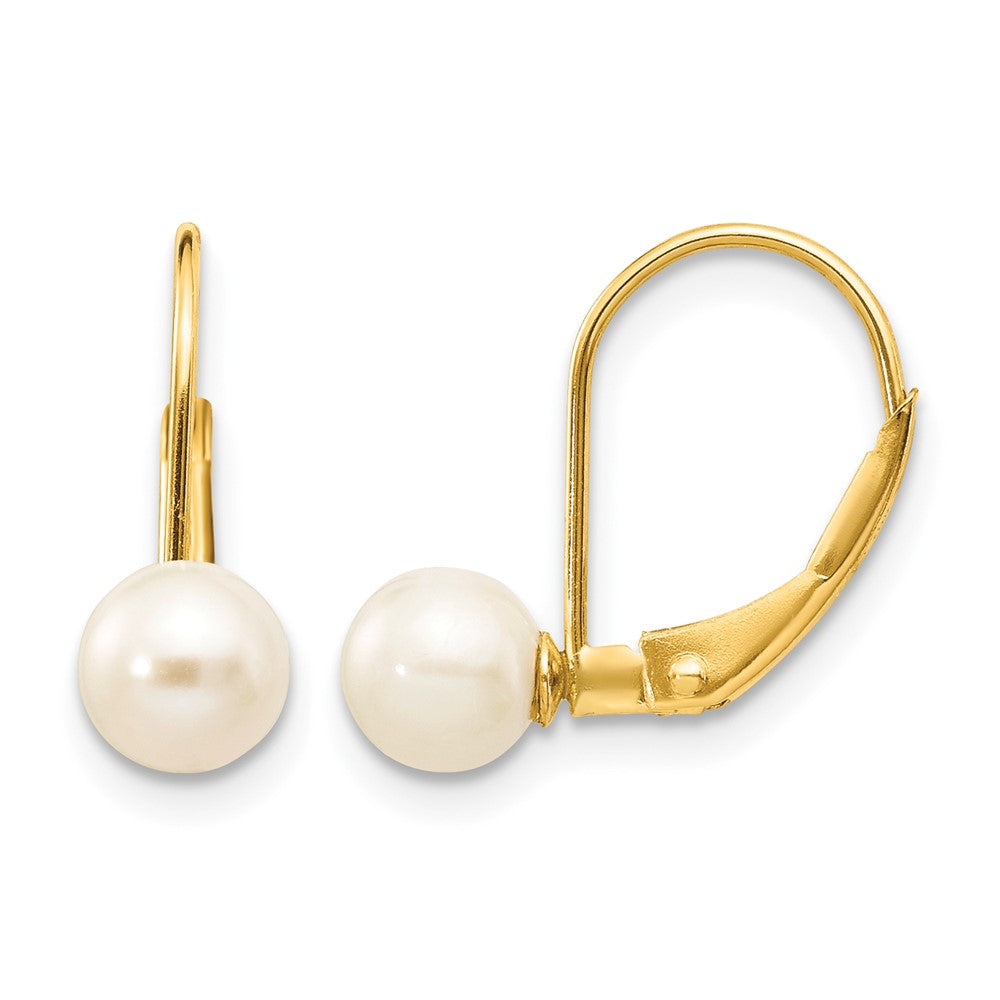 10k 5-6mm White Round Freshwater Cultured Pearl Leverback Earrings