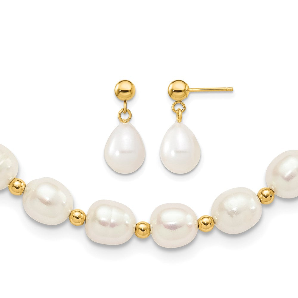 10k 7-8mm White FW Cultured Pearl Necklace and Bead Post Earring Set