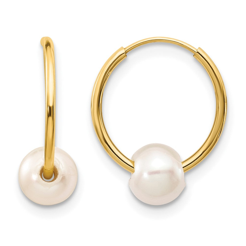 10k 5-6mm White Semi-round Freshwater Cultured Pearl Endless Hoop Earrings