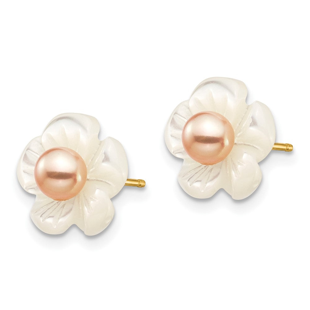 10k 3-4mm Pink FW Cultured Pearl w/10mm MOP Flower Post Earrings