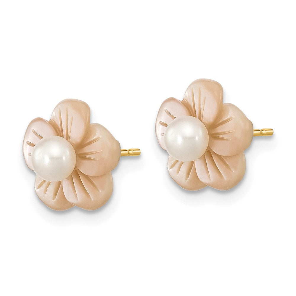 10K 3-4mm Round White FWC Pearl Pink MOP Flower Earrings