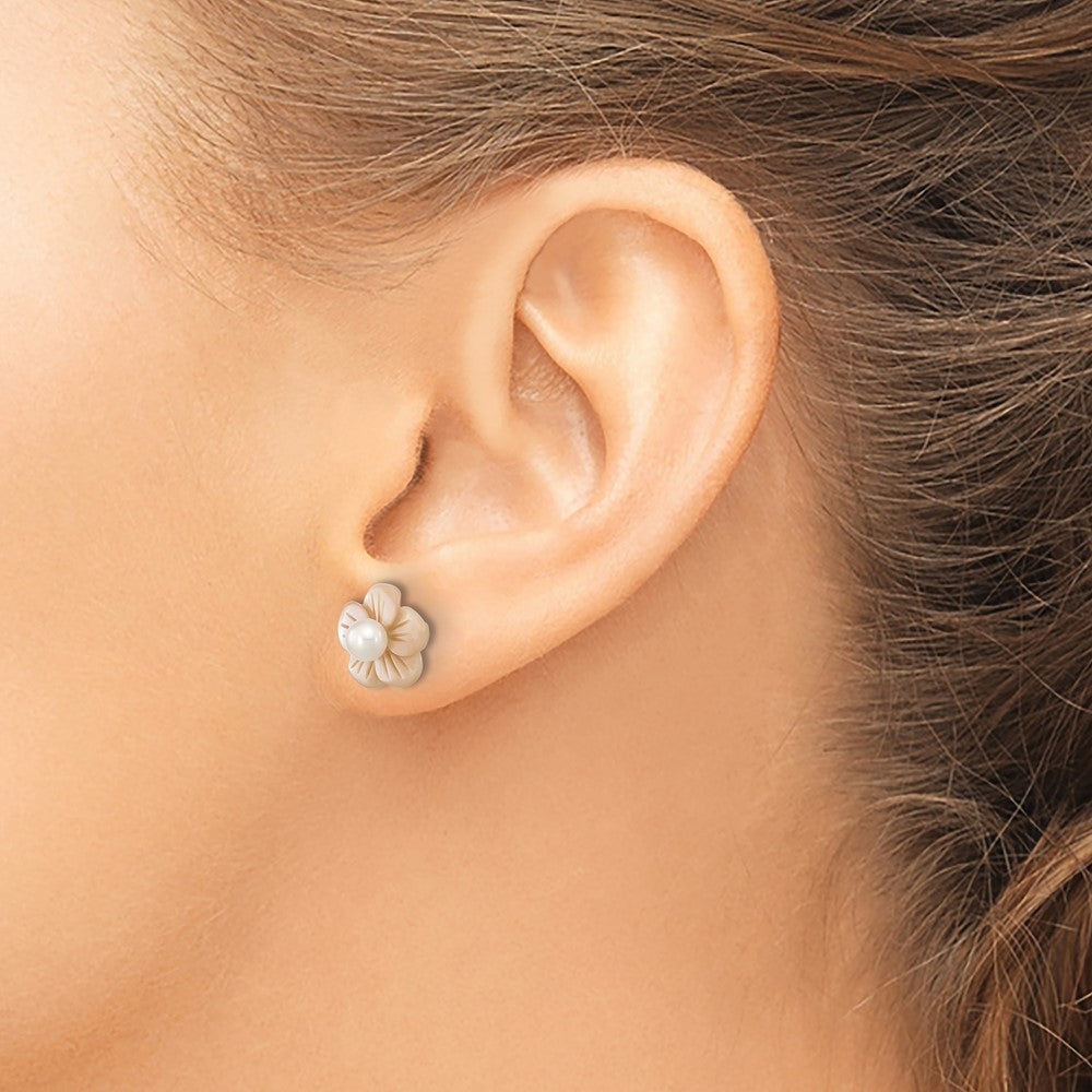 10K 3-4mm Round White FWC Pearl Pink MOP Flower Earrings