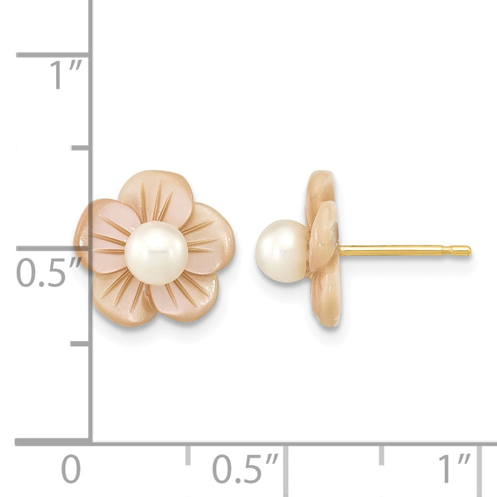 10K 3-4mm Round White FWC Pearl Pink MOP Flower Earrings