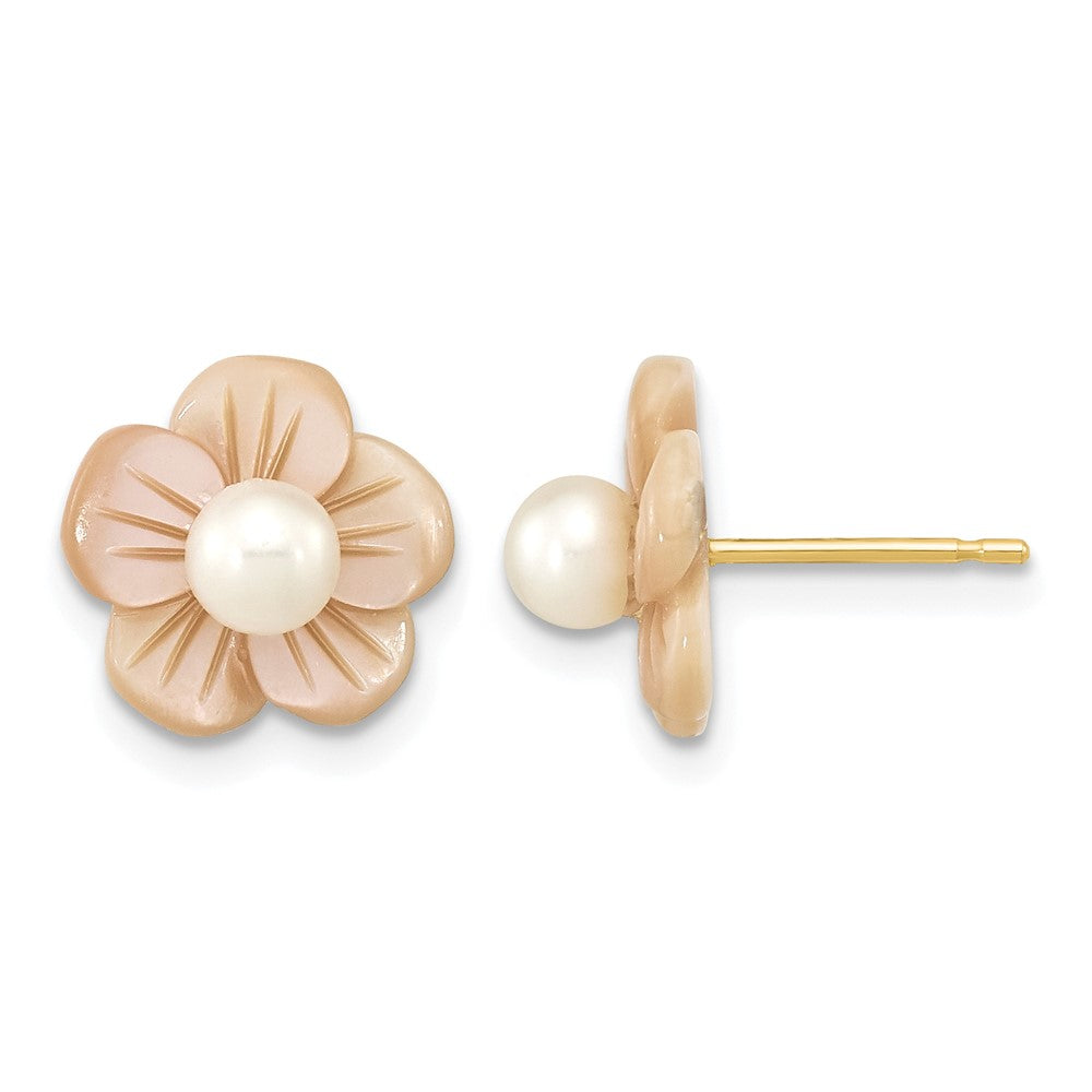 10K 3-4mm Round White FWC Pearl Pink MOP Flower Earrings
