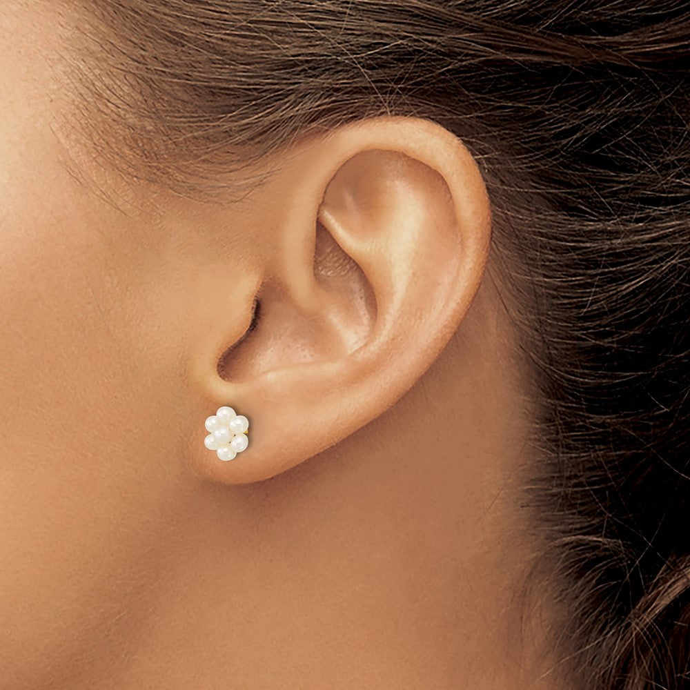 10k 2-3mm White Button Freshwater Cultured Pearl Flower Earrings