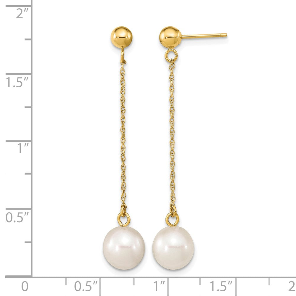 10k 7-8mm White Round Freshwater Cultured Pearl Dangle Post Earrings