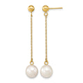 10k 7-8mm White Round Freshwater Cultured Pearl Dangle Post Earrings