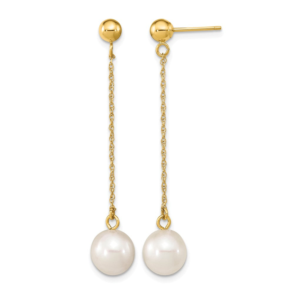 10k 7-8mm White Round Freshwater Cultured Pearl Dangle Post Earrings