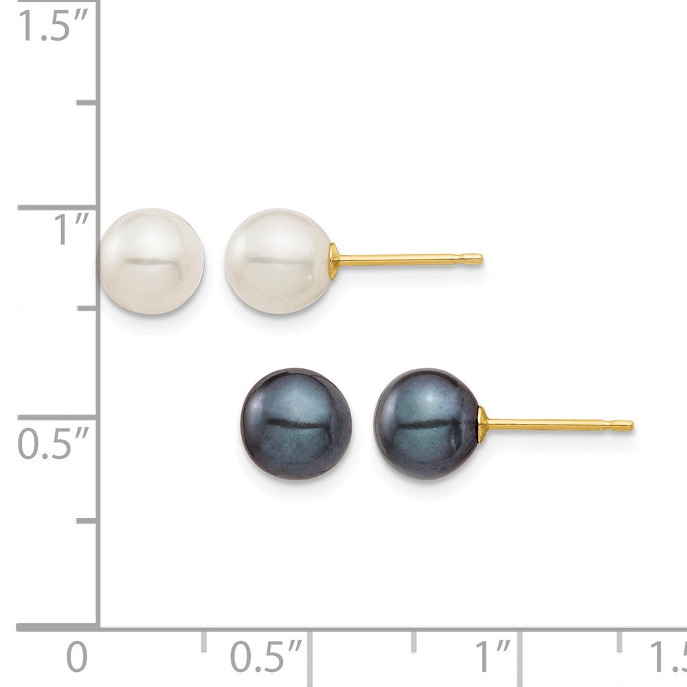 10K 6-7mm White & Black Round FWC Pearl 2 pair Stud Post Earrings Set