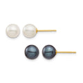 10K 6-7mm White & Black Round FWC Pearl 2 pair Stud Post Earrings Set