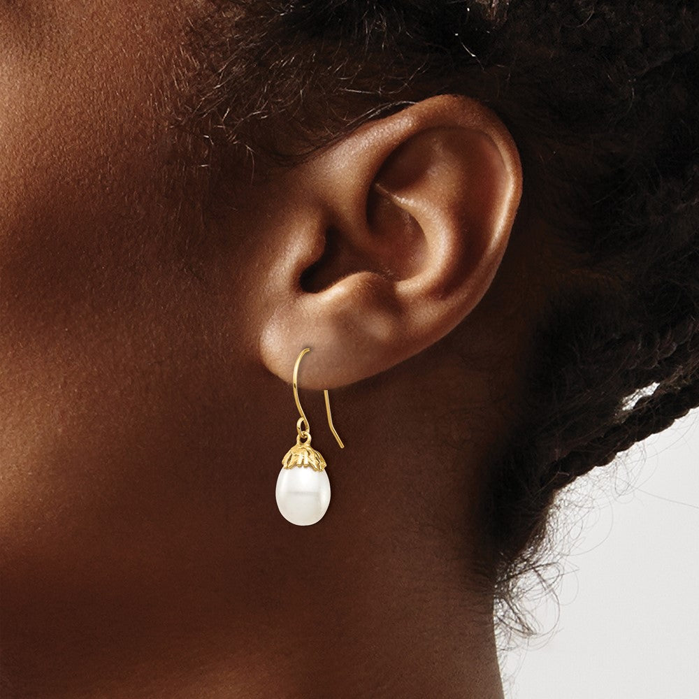 10K 7-8mm White Rice Freshwater Cultured Pearl Dangle Earrings