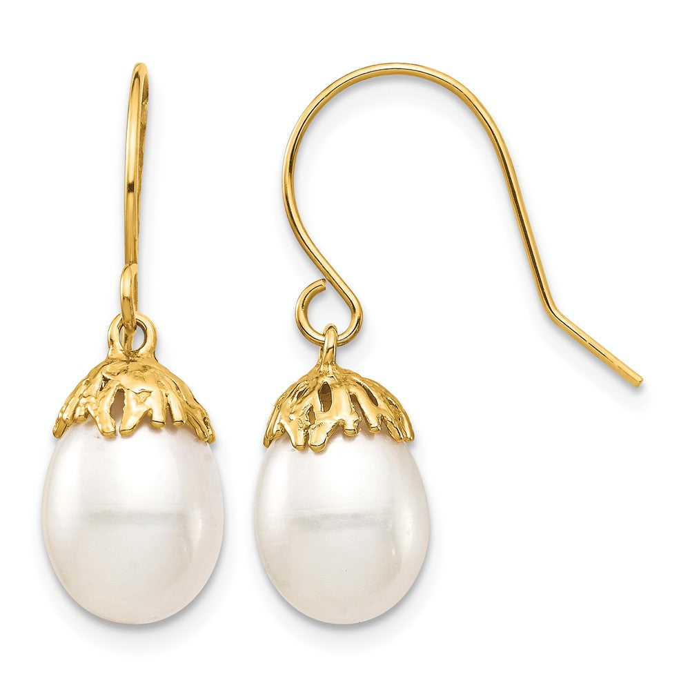10K 7-8mm White Rice Freshwater Cultured Pearl Dangle Earrings