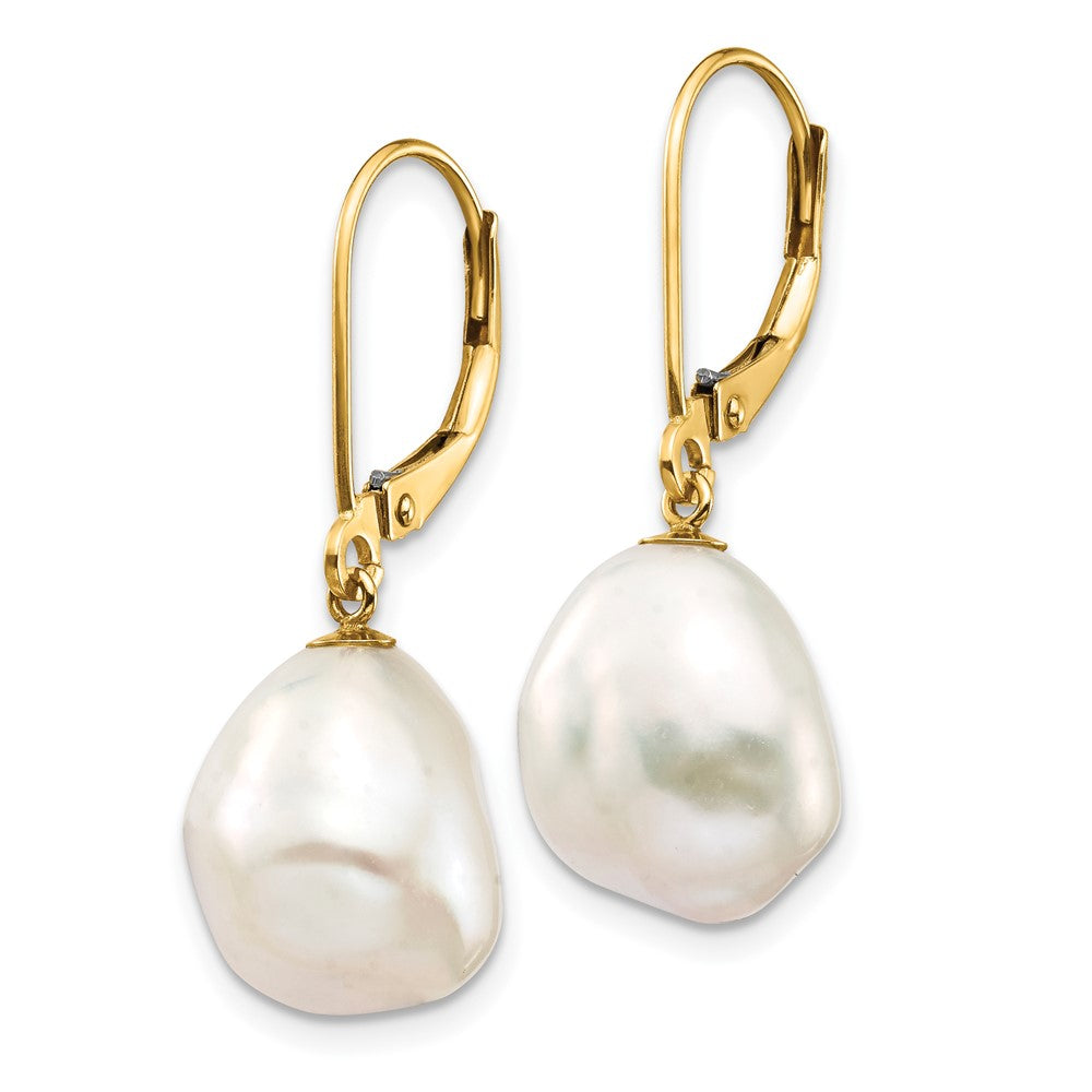 10K 10x12mm White Keshi Freshwater Cultured Pearl Leverback Earrings