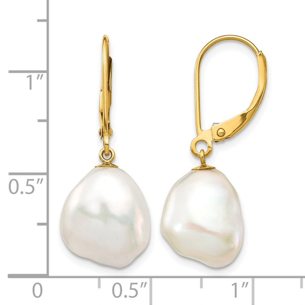 10K 10x12mm White Keshi Freshwater Cultured Pearl Leverback Earrings