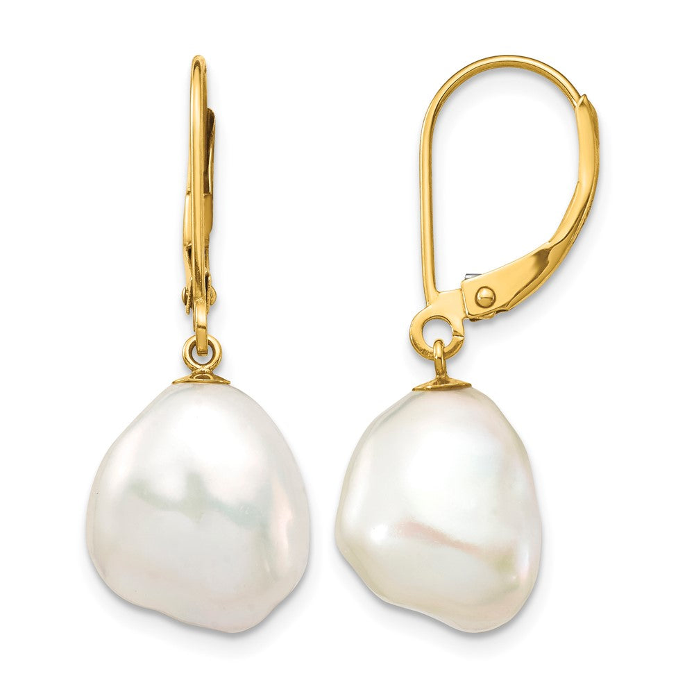 10K 10x12mm White Keshi Freshwater Cultured Pearl Leverback Earrings