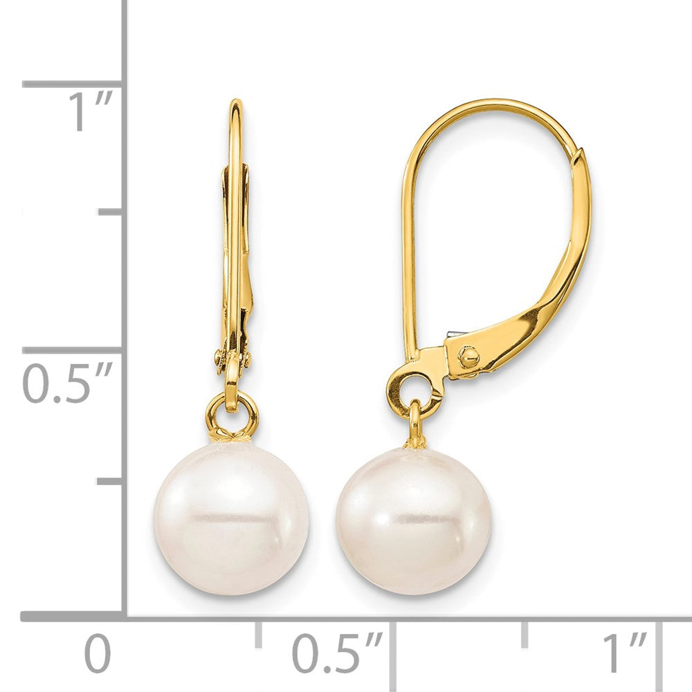 10k 7-8mm White Round Freshwater Cultured Pearl Leverback Earrings