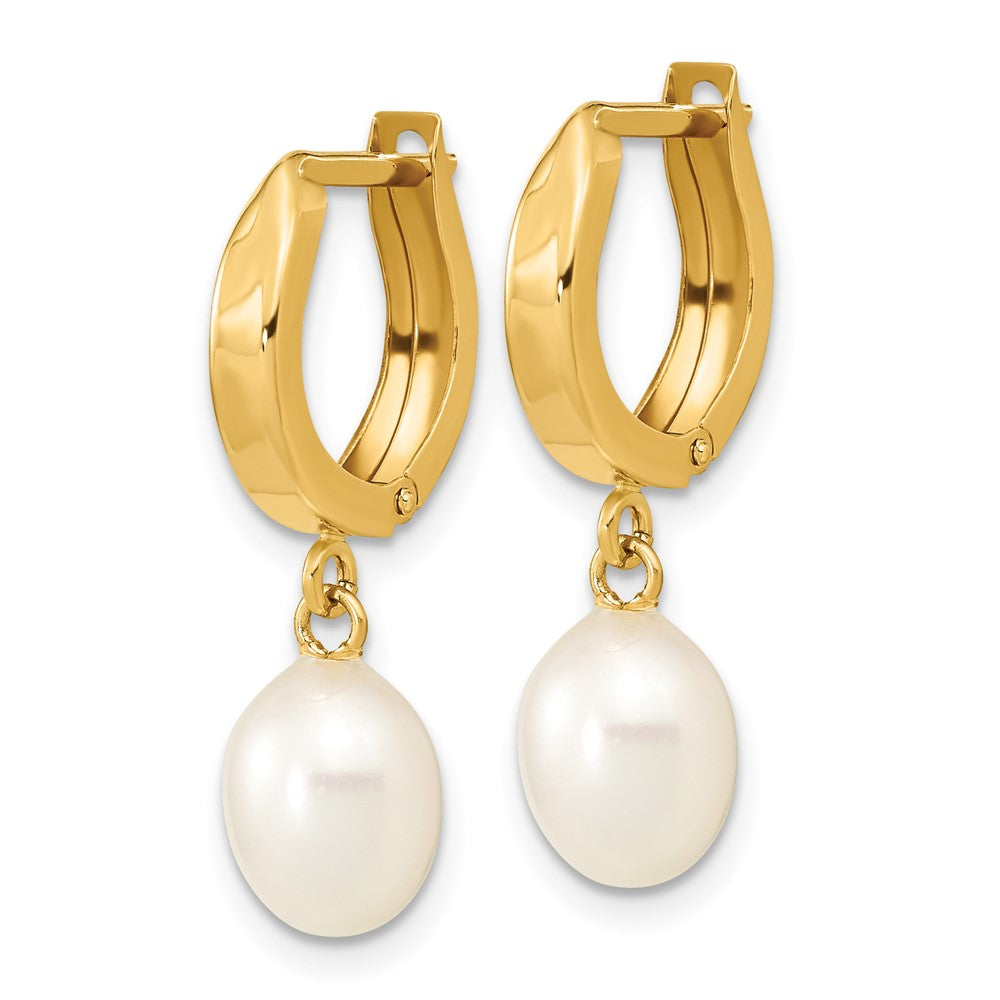 10K 6-7mm Rice White FWC Pearl Hoop Dangle Earrings