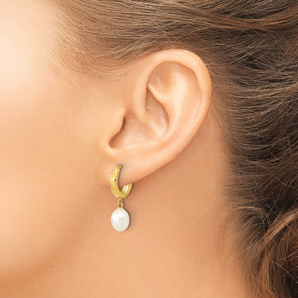 10K 6-7mm Rice White FWC Pearl Hoop Dangle Earrings