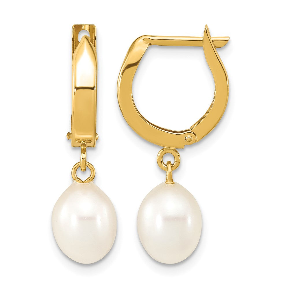 10K 6-7mm Rice White FWC Pearl Hoop Dangle Earrings