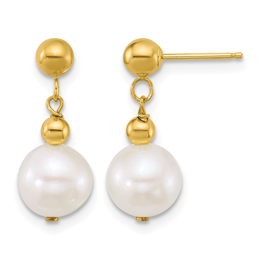 10k Polished 7-8mm Semi-Round FWC Pearl Post Dangle Earrings
