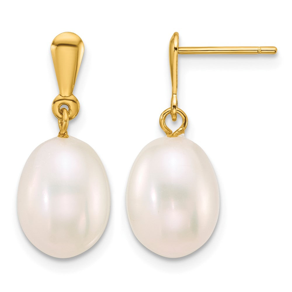 10k 8-9mm Rice White Freshwater Cultured Pearl Post Dangle Earrings