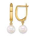 10k 7-8mm Round White FW Cultured Pearl Dangle Hoop Earrings