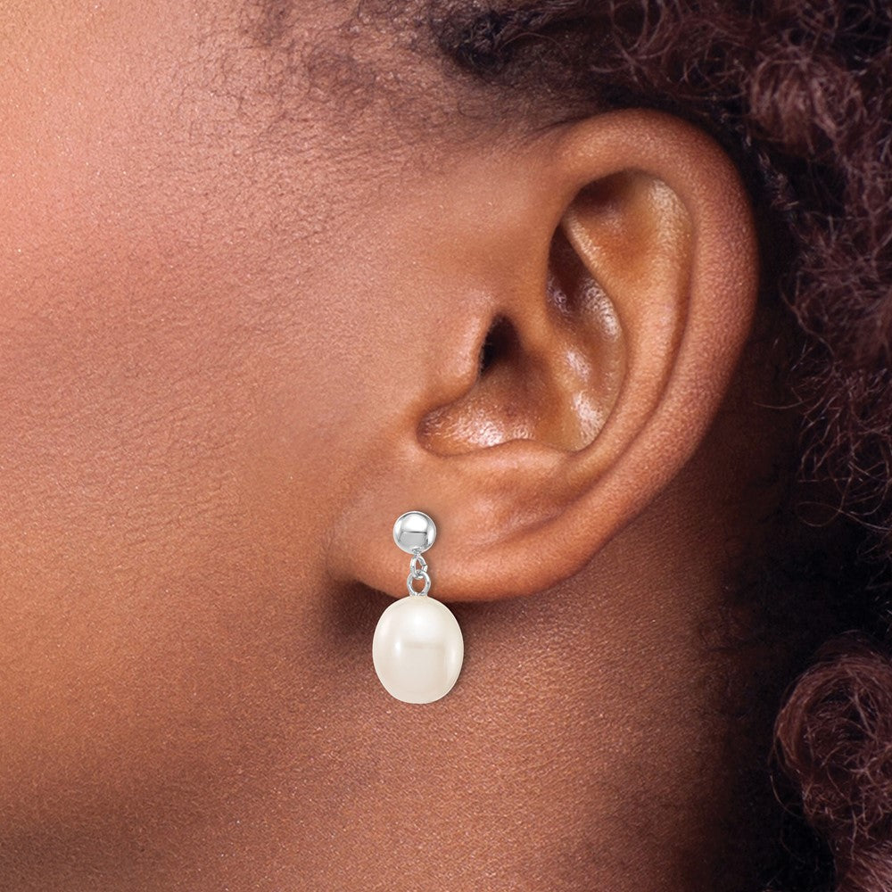 10k WG 8-9mm White Rice FWC Pearl Dangle Post Earrings