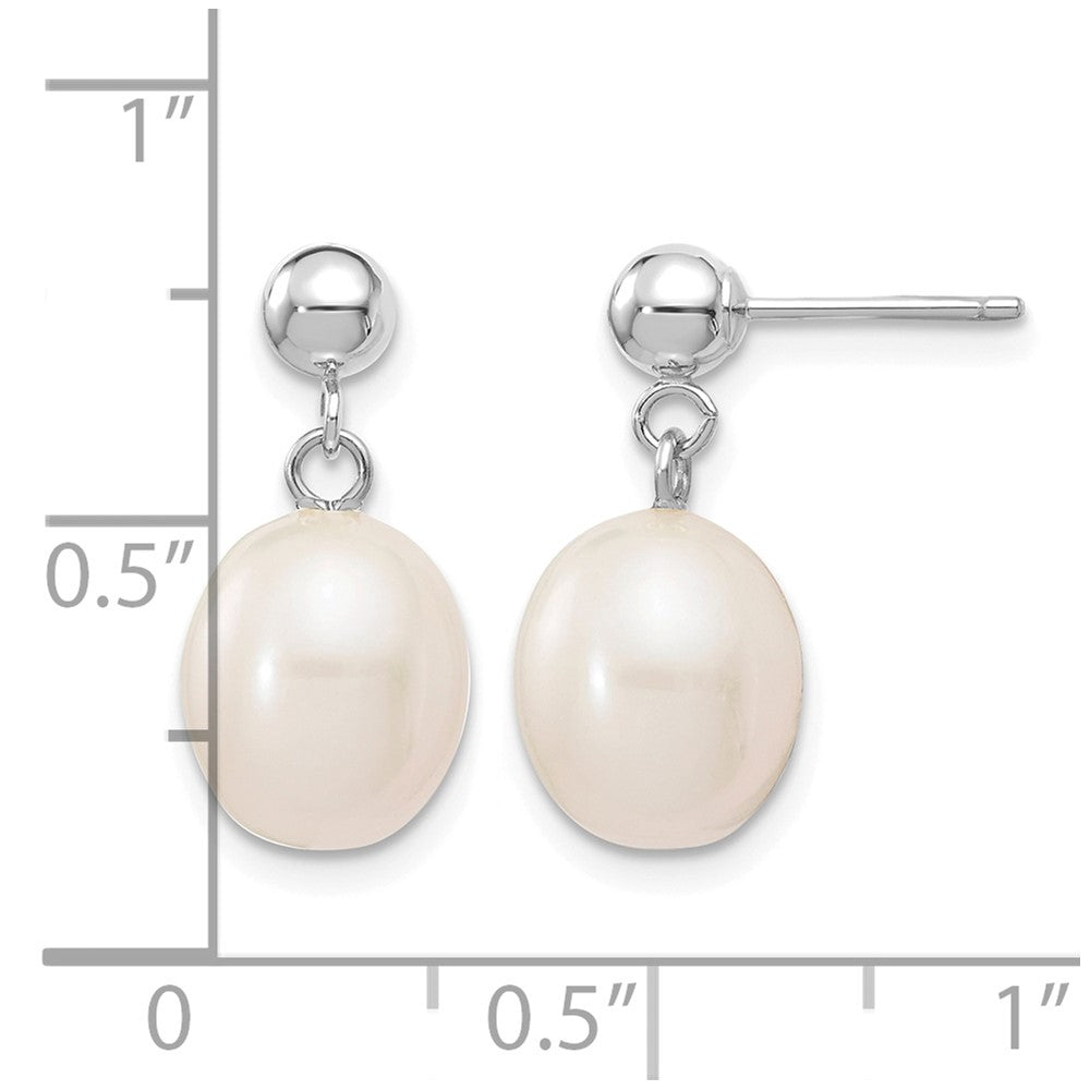 10k WG 8-9mm White Rice FWC Pearl Dangle Post Earrings