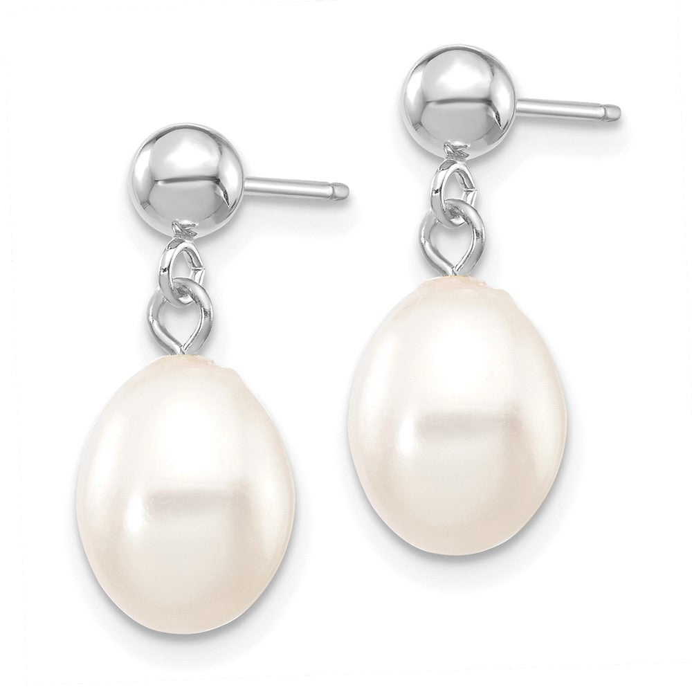 10k WG 7-8mm White Rice FWC Pearl Dangle Post Earrings