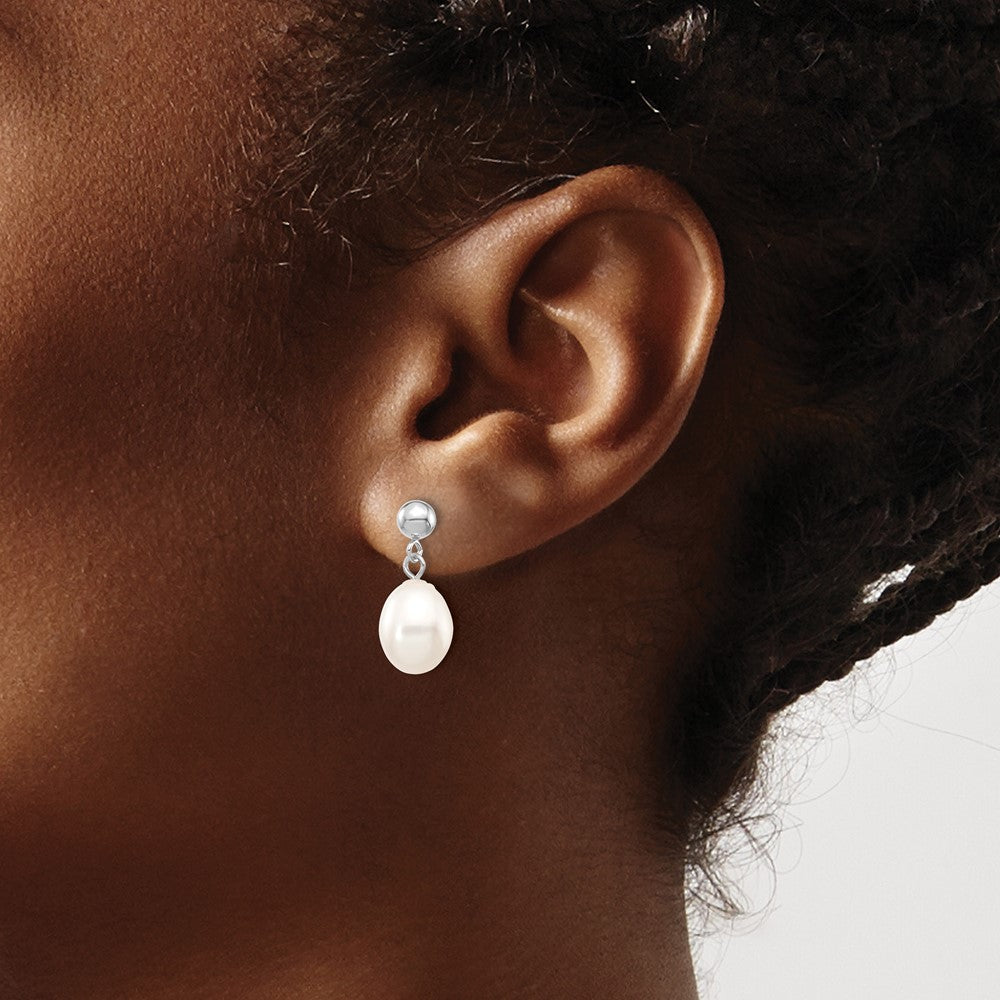 10k WG 7-8mm White Rice FWC Pearl Dangle Post Earrings