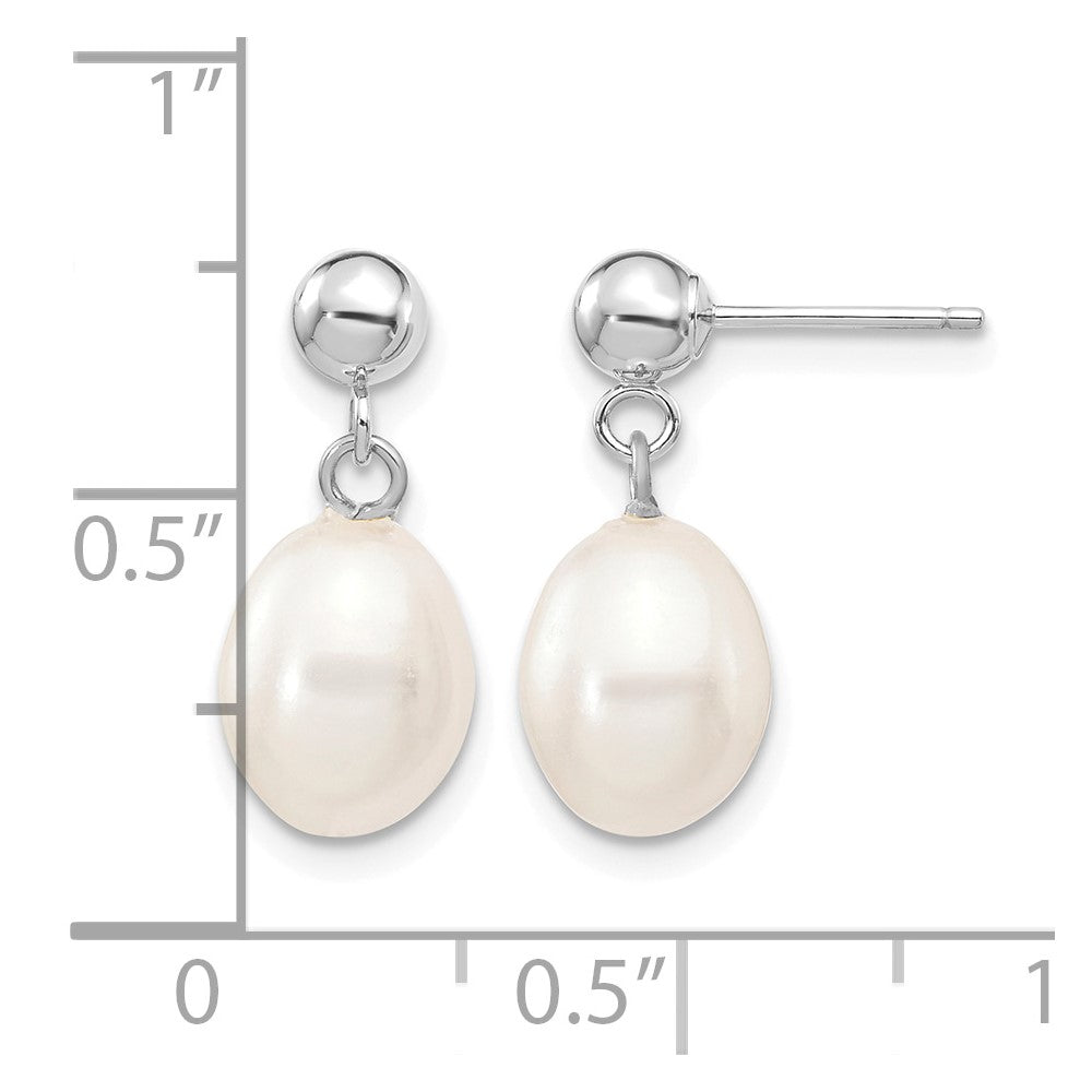 10k WG 7-8mm White Rice FWC Pearl Dangle Post Earrings