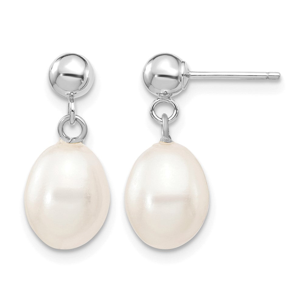 10k WG 7-8mm White Rice FWC Pearl Dangle Post Earrings