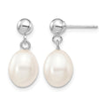 10k WG 7-8mm White Rice FWC Pearl Dangle Post Earrings