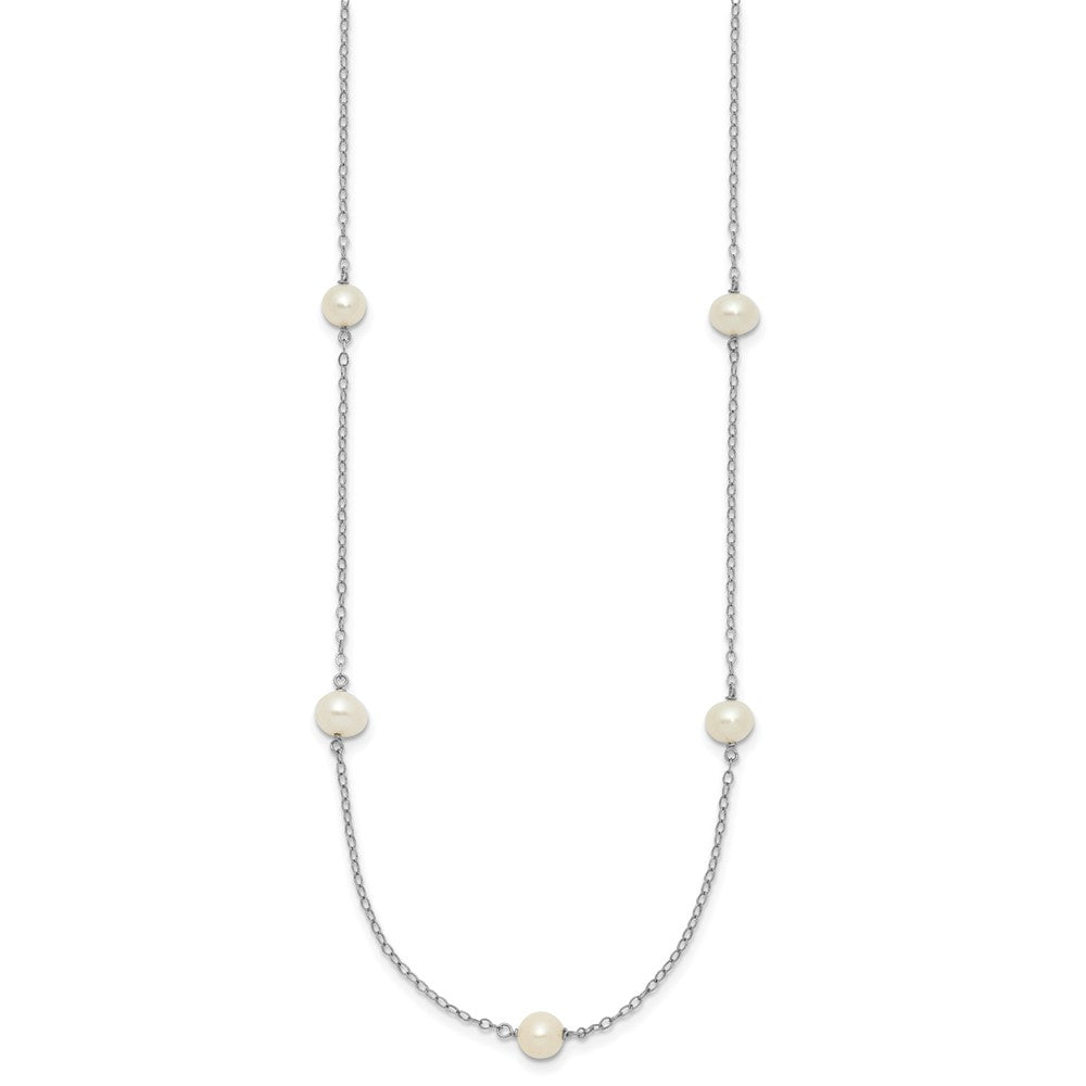 10K White Gold 5-6mm Round White FWC Pearl 7 Station Necklace