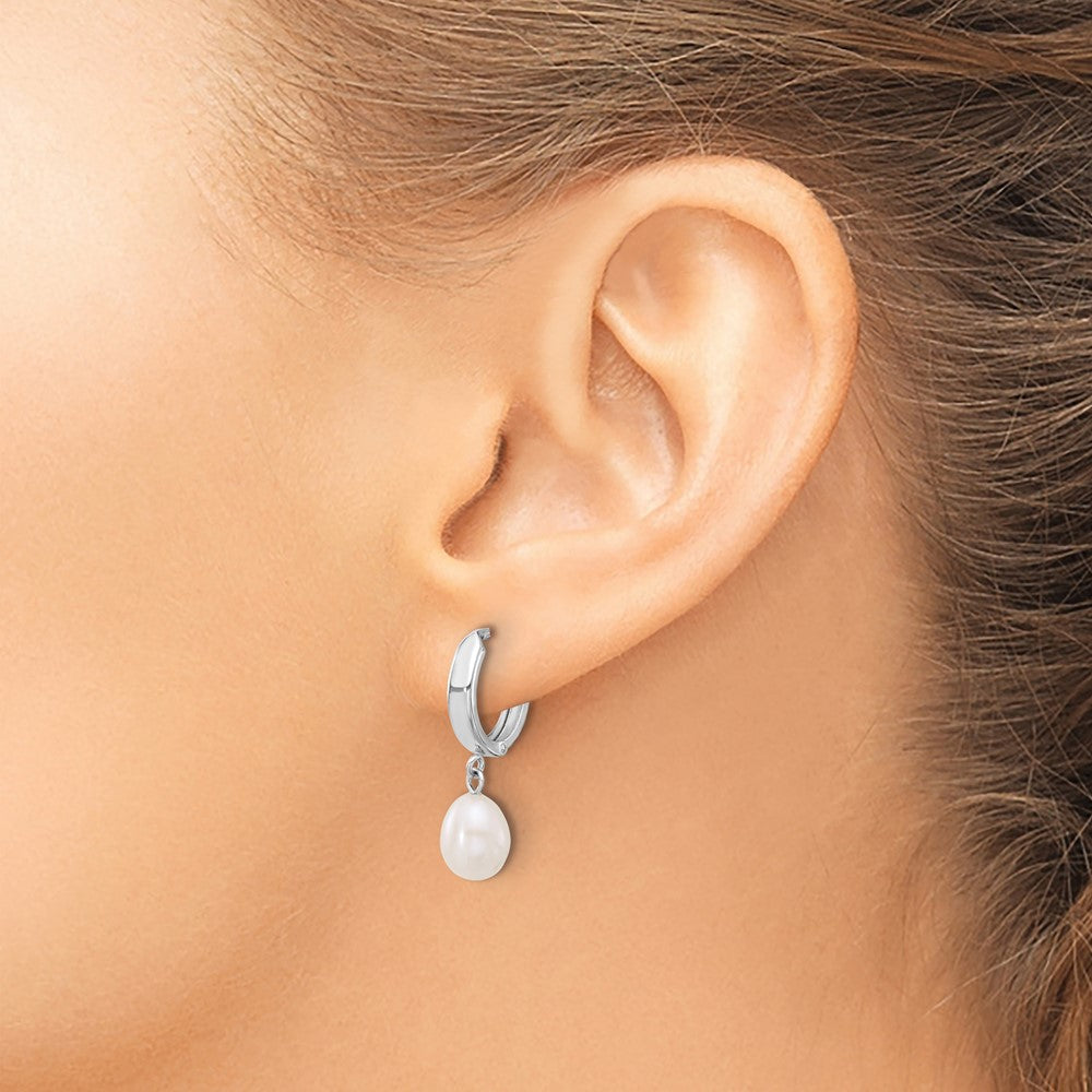 10K White Gold 6-7mm Teardrop White FWC Pearl Hoop Dangle Earrings