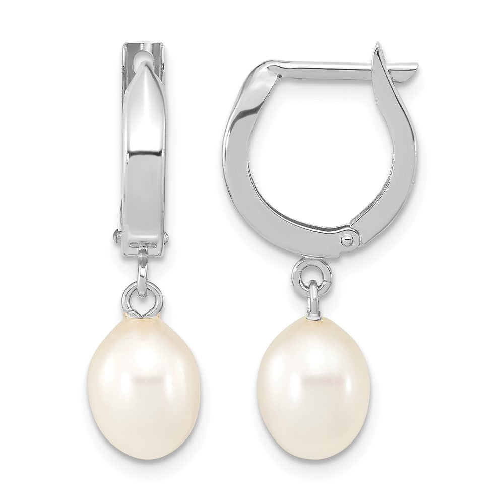 10K White Gold 6-7mm Teardrop White FWC Pearl Hoop Dangle Earrings