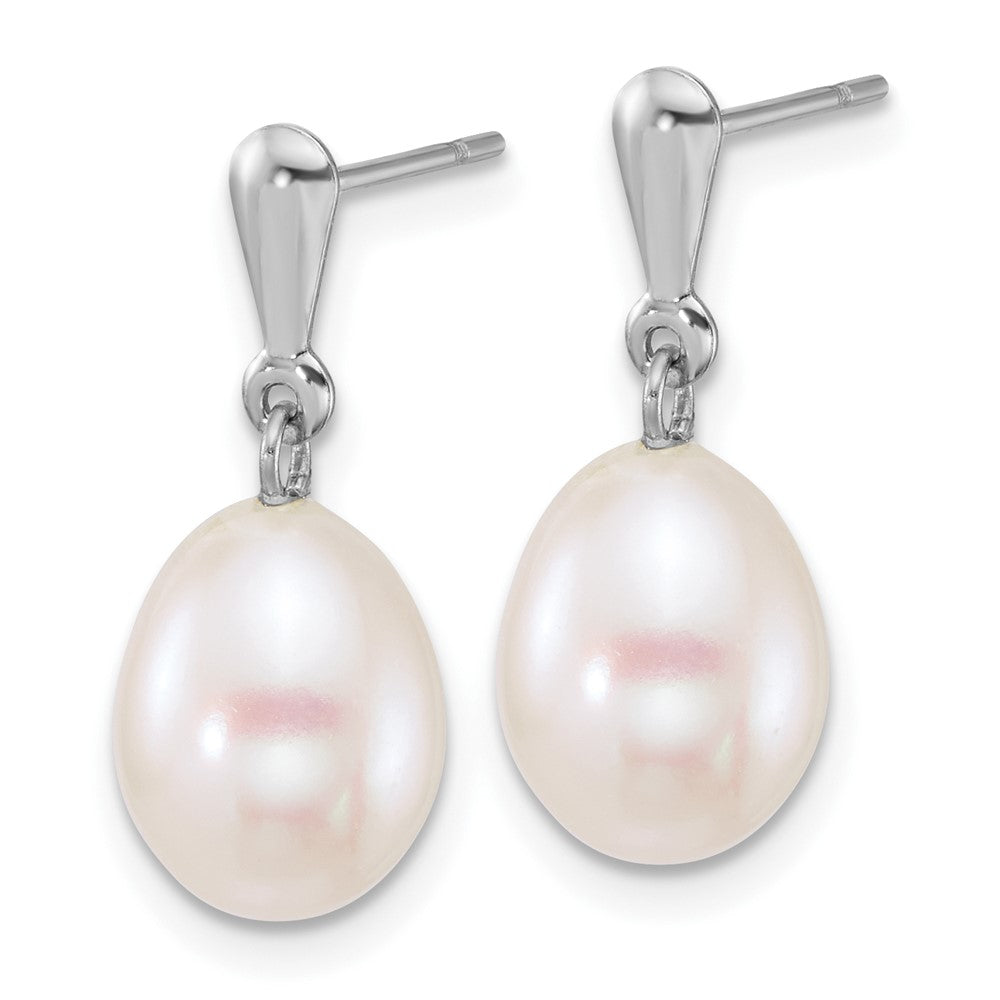 10k WG 8-9mm Rice White FW Cultured Pearl Post Dangle Earrings