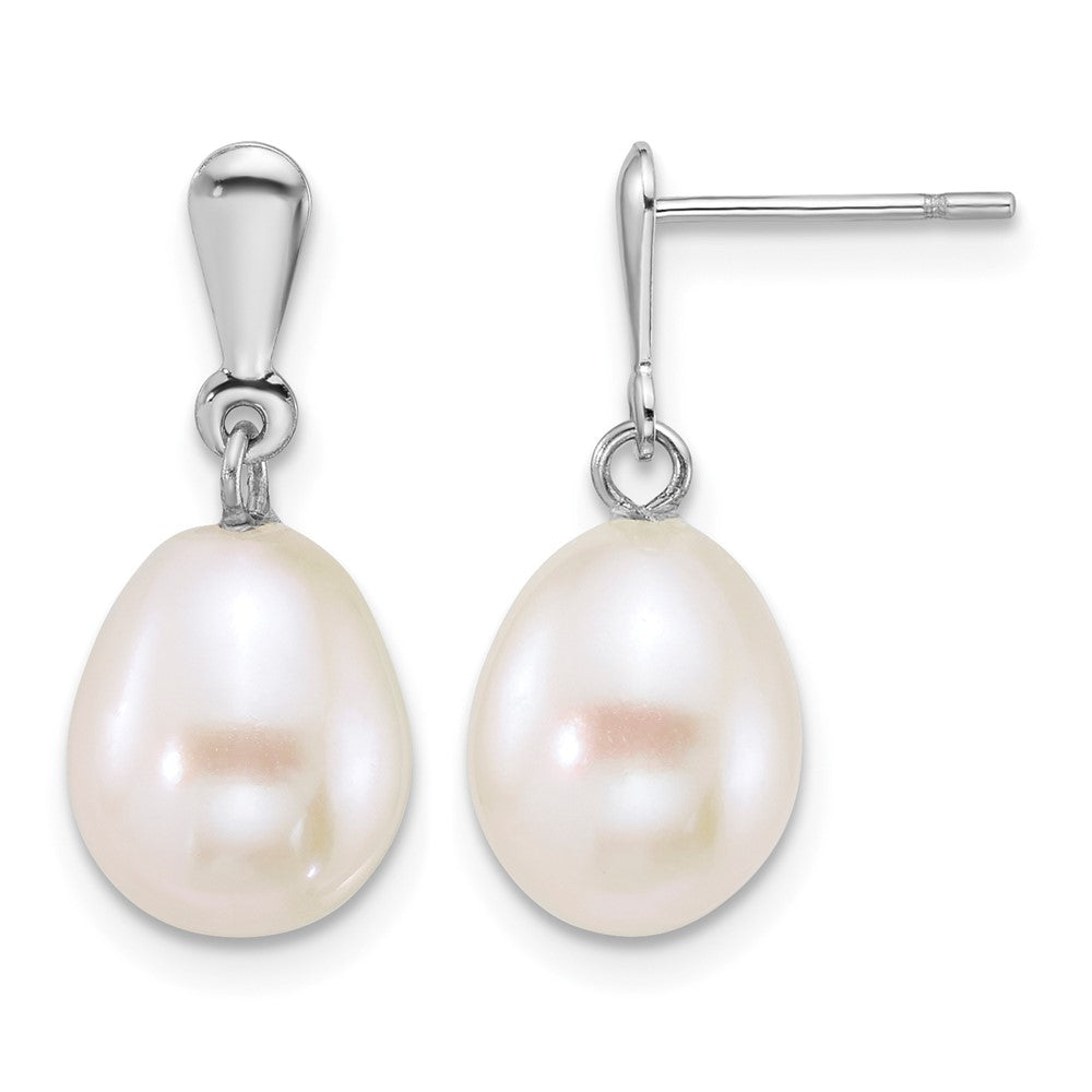 10k WG 8-9mm Rice White FW Cultured Pearl Post Dangle Earrings
