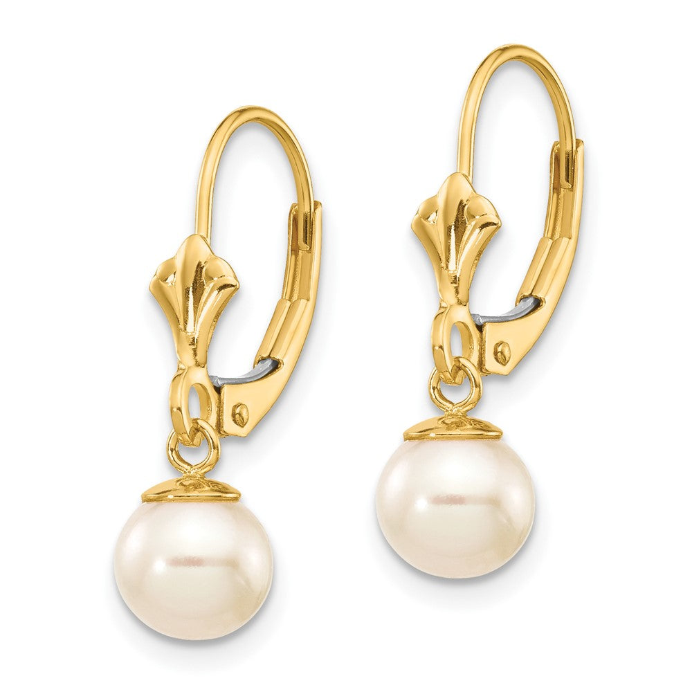 10K 6-7mm White Round Freshwater Cultured Pearl Leverback Earrings